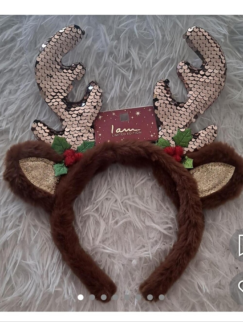 I AM Holiday Christmas Reindeer Antlers Headband Party Sequined Faux Fur